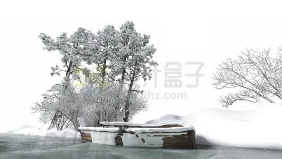 冬天结冰的小河上被积雪覆盖的小船和森林5993759图片免抠素材