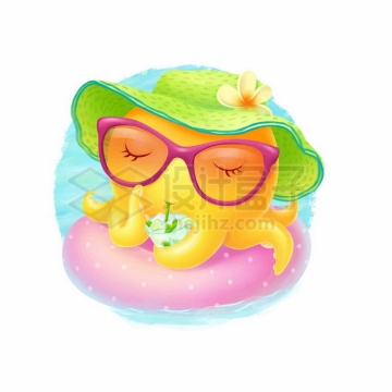超可爱的卡通小章鱼喝着果汁戴着遮阳帽在海边晒太阳5801151矢量图片免抠素材免费下载