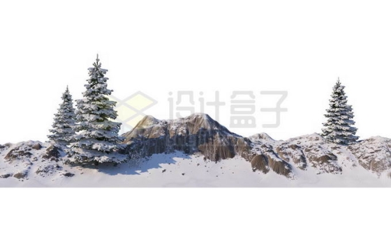 冬天大雪覆盖的石头山上三颗雪松大树雪景风景6610914免抠图片素材