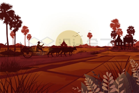夕阳西下的驾着牛车行走在田野上的农民插画6030562矢量图片免抠素材