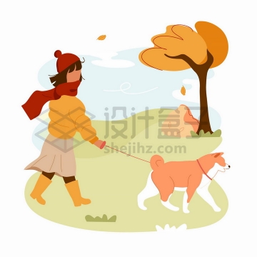 秋天遛狗的女孩手绘扁平插画png图片免抠矢量素材
