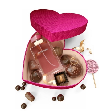 打开的红色心形礼盒中的各类巧克力和香水257866png图片素材
