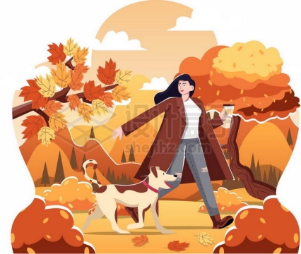 金秋时节和狗狗一起散步的美女插画2841264矢量图片免抠素材