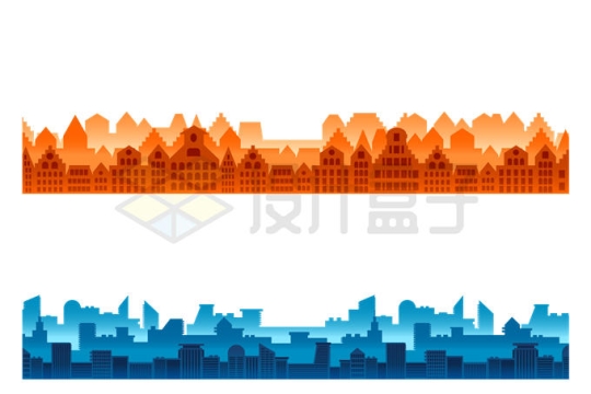2款红色蓝色城市地平线天际线建筑物剪影插画7078851矢量图片免抠素材
