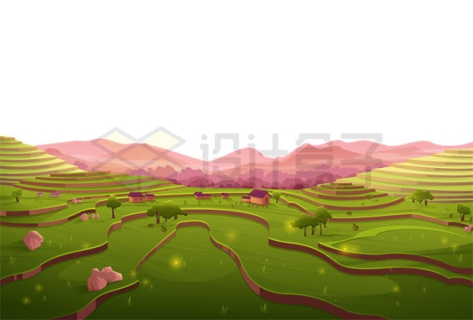 远处粉色的大山和近处的梯田美丽风景线9004818矢量图片免抠素材