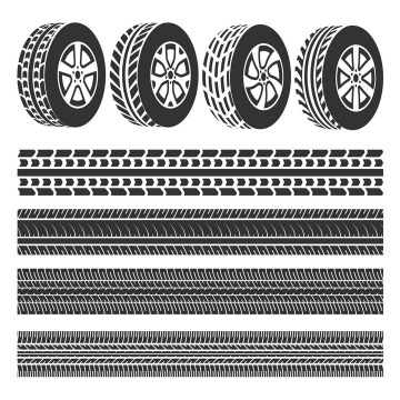 黑白色汽车轮胎和笔直的轮胎印车轮印png图片免抠矢量素材