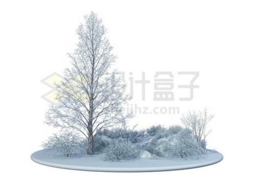 冬天大雪覆盖的雪原上的一棵大树和周围的灌木丛雪景9767521免抠图片素材