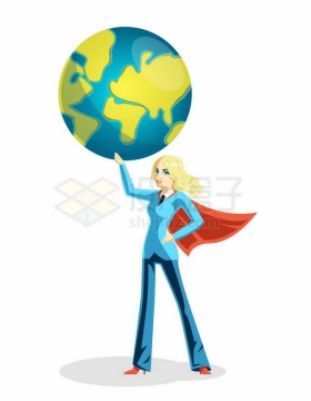 身穿蓝色西服的卡通女超人举着地球1304239矢量图片免抠素材免费下载