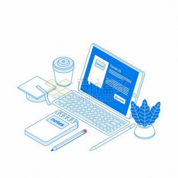 扁平插画风格蓝色带键盘的平板电脑和记事本咖啡杯等png图片免抠矢量素材