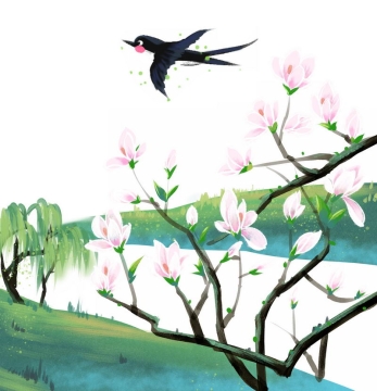 春天里盛开的桃花岸边的柳树和小燕子春意盎然风景画4937949图片免抠素材