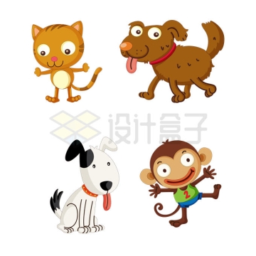 4款搞笑风格的卡通猫咪狗狗和小猴子9221718矢量图片免抠素材