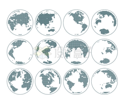 12款不同角度的点阵世界地图地球仪图案4653739矢量图片免抠素材