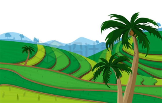 卡通椰子树和远处的梯田风景线2329448矢量图片免抠素材