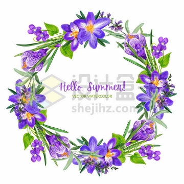 番红花等紫色花朵鲜花野花组成的花环彩绘插画png图片免抠矢量素材