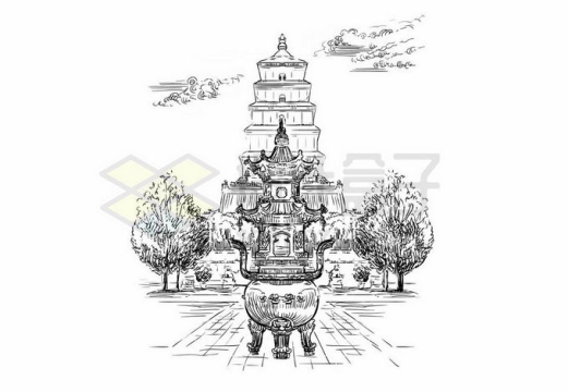 西安大雁塔中国传统建筑铅笔画涂鸦绘画1829452矢量图片免抠素材