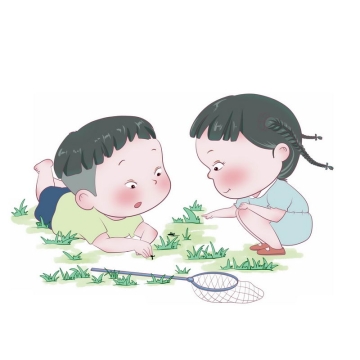 春天里趴在地上研究虫子的卡通小男孩小女孩六一儿童节3936527免抠图片素材