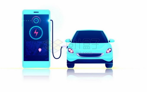 蓝色电动汽车和充电桩智能手机查看充电状态9556249矢量图片免抠素材
