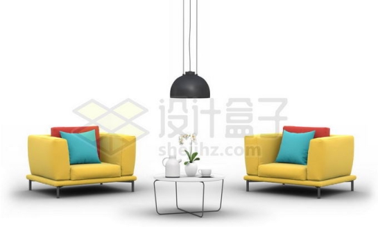2个黄色单人沙发和茶几客厅装修家具7286722PSD免抠图片素材