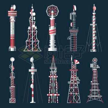 10款红白色相间的5G信号发射塔铁塔8020026矢量图片免抠素材