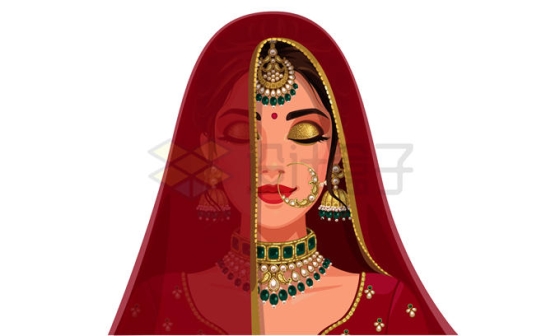 红色头巾传统服饰的卡通印度美女闭着眼睛4215131矢量图片免抠素材