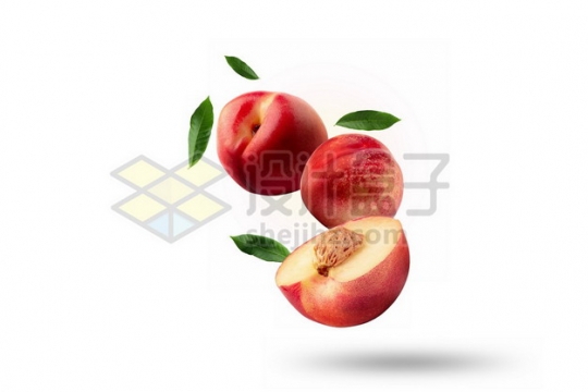 3颗切开的桃子阳山水蜜桃和绿叶装饰814721psd/png图片素材