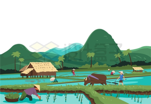 青山下的水稻田和农忙的农民插画4793442矢量图片免抠素材