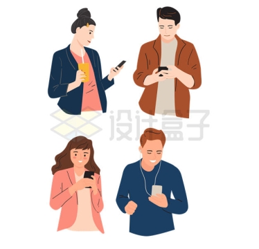 4款卡通男人女人正在看手机玩手机插画6046239矢量图片免抠素材下载