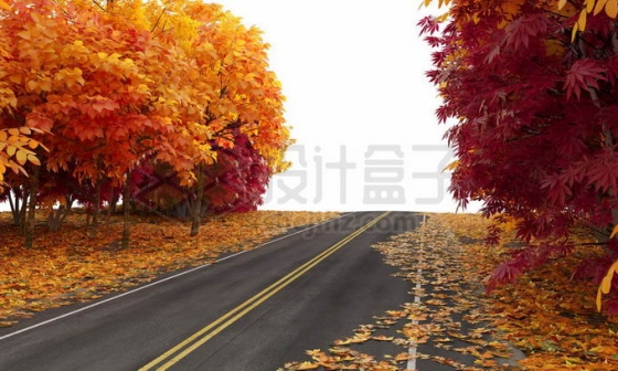 金秋时节公路两旁变红的树林大树和落叶1249492图片免抠素材