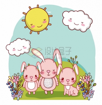 超可爱卡通太阳云朵草地上的小兔子png图片免抠矢量素材