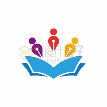 蓝色打开的书本和钢笔笔头小人儿创意文化教育类logo标志设计2838426矢量图片免抠素材