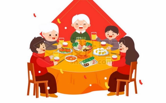 除夕夜一家人围坐在大圆桌前吃年夜饭5400118矢量图片免抠素材