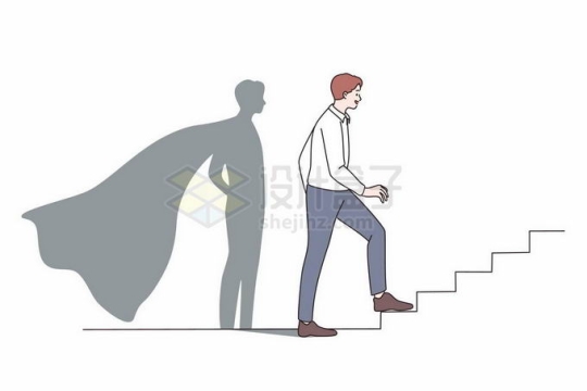 商务人士正在爬楼梯影子是超人象征了职业上升手绘线条插画6027584矢量图片免抠素材免费下载