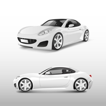 白色单门跑车汽车侧视图和侧前方图png图片免抠矢量素材