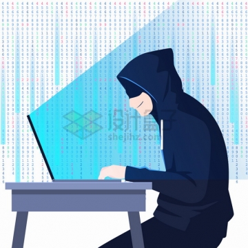 卡通黑客坐在电脑面前使用电脑png图片素材
