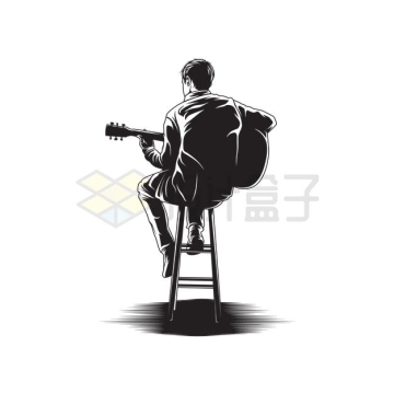 卡通男孩坐在高凳上弹吉他的背影插画5867515矢量图片免抠素材