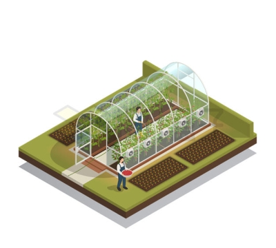 2.5D风格农民正在玻璃温室中种植农作物9346333矢量图片免抠素材