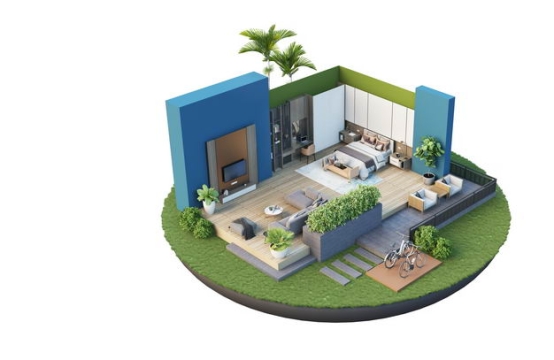 3D立体风格豪华别墅带会客厅的开放式卧室装修效果图2416588免抠图片素材