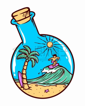 抽象彩色玻璃瓶中的海滩和冲浪的男孩手绘插画png图片免抠矢量素材