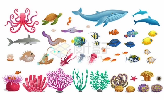 卡通章鱼海龟鲸鱼海豚鲨鱼海鳗河豚水母等海洋鱼类以及五颜六色的珊瑚4153396矢量图片免抠素材
