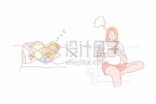 卡通孕妇抱着怀孕的肚子侧躺着睡觉和坐沙发上玩手机手绘插画6560985矢量图片免抠素材