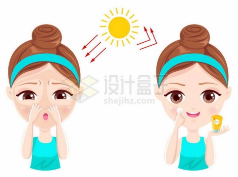 卡通美女在脸上涂抹防晒霜在阳光下的效果对比5202064矢量图片免抠素材