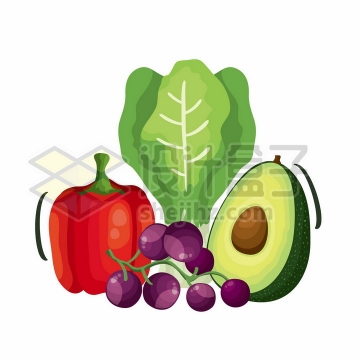灯笼椒生菜牛油果葡萄等美味蔬菜水果插画png图片免抠矢量素材