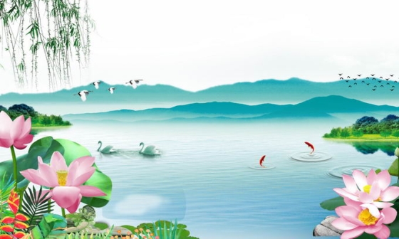 远处的群山和近处池塘中的天鹅鱼儿以及荷花中国风插画5603021png免抠图片素材