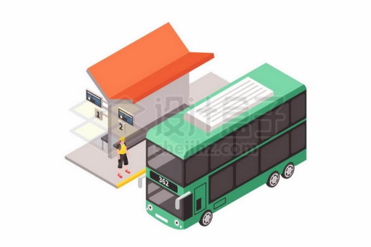 2.5D风格停靠在公交站台的绿色双层巴士9685518矢量图片免抠素材