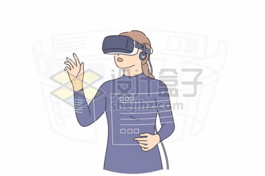 女孩戴着VR虚拟现实眼睛正在操作电脑手绘线条插画9420273矢量图片免抠素材