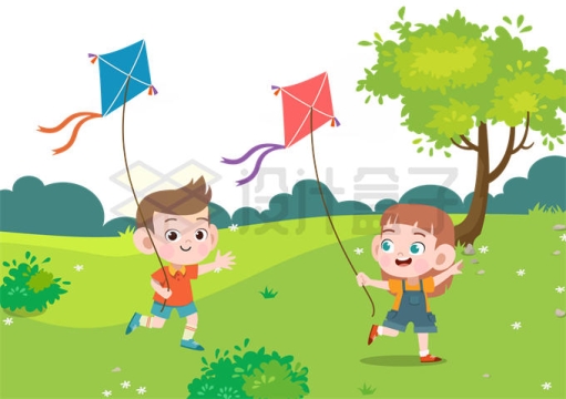 春天踏青郊游卡通小朋友在草地上愉快的放风筝2132520矢量图片免抠素材