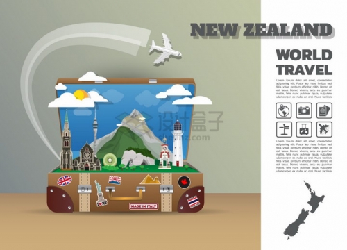 复古旅行箱中的新西兰旅游景点插画png图片免抠矢量素材