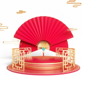 新年春节3D立体风格中国风圆形展台和红色折扇装饰3330652免抠图片素材