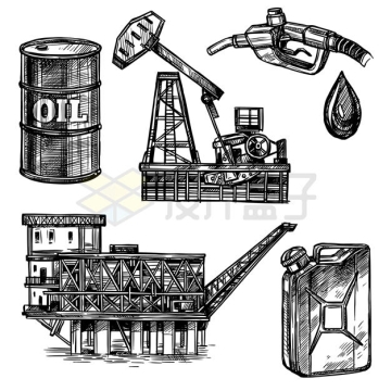 石油桶磕头机海上石油开采平台钻井平台铅笔插画8062067矢量图片免抠素材