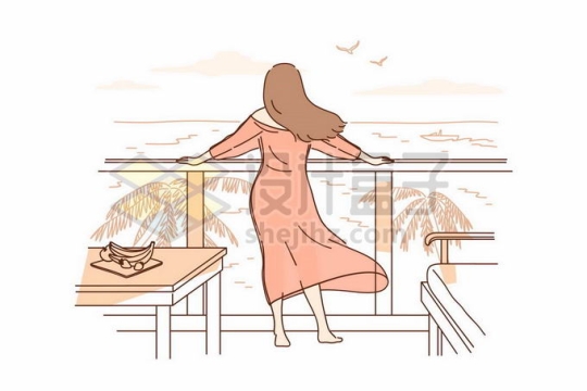 在阳台上趴在栏杆上看远处大海的长发飘飘的女孩背影手绘线条插画3039590矢量图片免抠素材